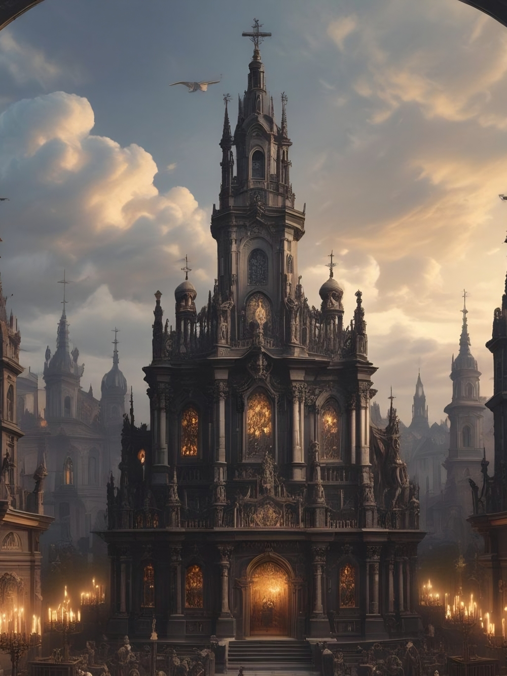 Ornate Gothic Cathedral Art Print in Dark Bronze and Gold Tones